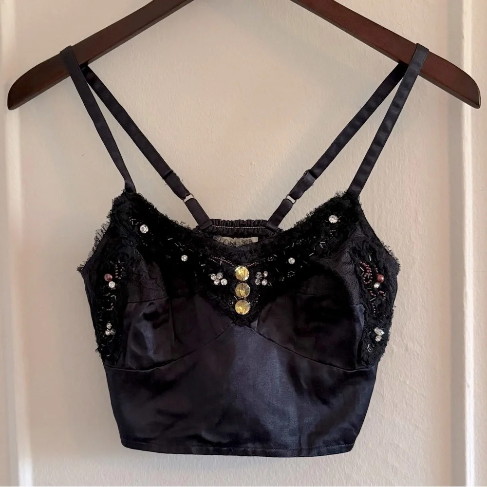 Free People Black Embellished Satin Crop Top
